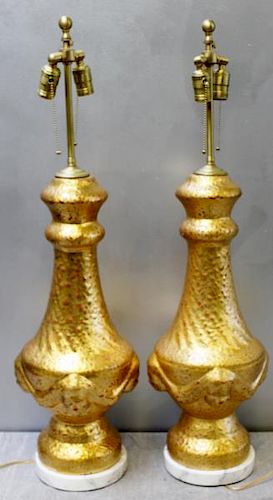 Midcentury Pair Marbro of Gilt Porcelain Lamps.