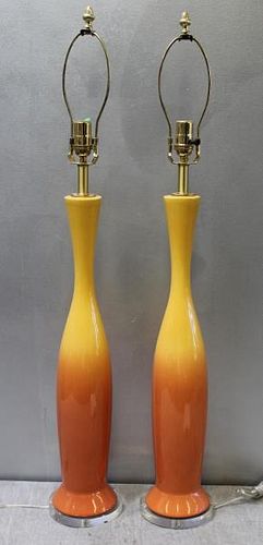 Modern Pair of Marigold Ombre Glazed Lamps.