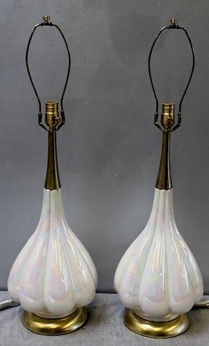 Midcentury Pair of Opalescent Glazed Table Lamps.