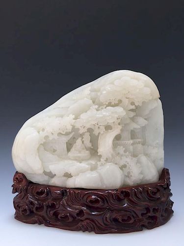 A VERY FINE LARGE CARVED HETIAN WHITE JADE SCHOLARS BOULDER MOUNTAIN