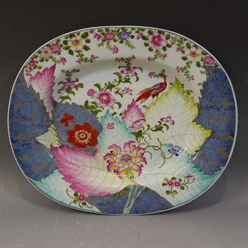 RARE ANTIQUE CHINESE FAMILLE ROSE TOBACCO LEAF PORCELAIN PLATTER - 18TH CENTURY