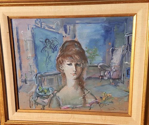 Impressionist Style painting of Lady in Blue Interior