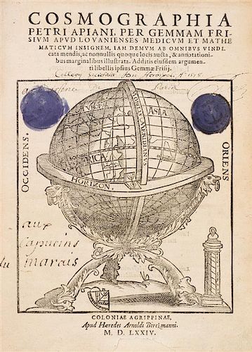 (ASTRONOMY) APIANUS, PETRUS. Cosmographia. Cologne, 1574. With 5 plates, 4 with volvelles.