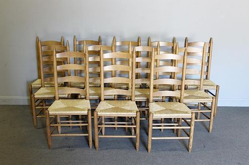 Set of 12 Oak Chairs with Rush Seats.