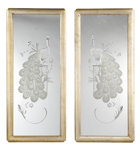 Pair of Etched Glass Peacock & Floral Mirrors