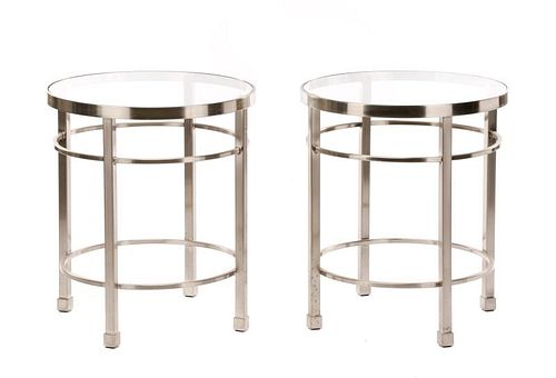 Pair of MCM Brushed Steel & Glass Side Tables