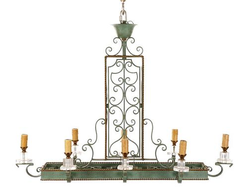 Art Deco Style Patinated Iron 8 Light Chandelier