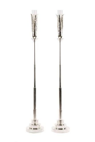 Pair, Art Deco Style Silver Torchiere Floor Lamps