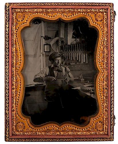 Exceptional Quarter Plate Ambrotype of an Identified Pattern Maker in his Shop 