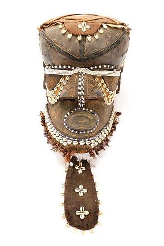 African Carved Beaded & Shell Accented Helmet Mask