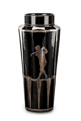 Black Glass Vase with Silver Overlay Golfer Motif