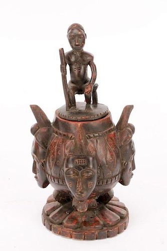 African Baule Carved Wood Covered Figural Vessel