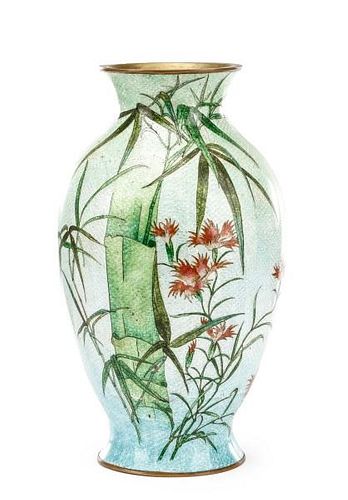 Large Guilloche & Cloisonne Enamel Vase w/ Bamboo
