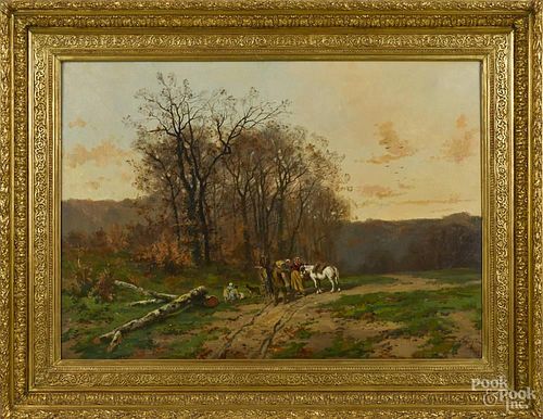 Fernand Labruyere (French 19th c.), oil on canvas landscape with figures on a country road