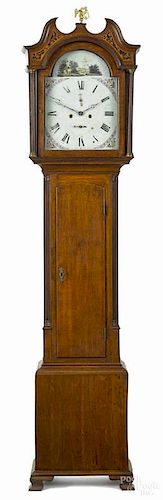 Scottish oak tall case clock, ca. 1800, having an eight-day movement with a painted dial