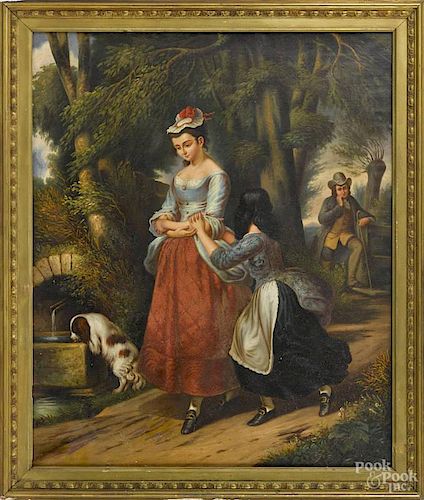 English oil on canvas courting scene, 19th c., signed indistinctly lower left P. Wall_