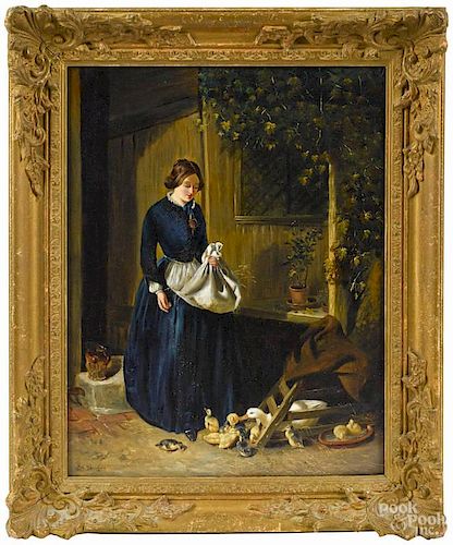 G. I. Blomfield (English 19th c.), oil on canvas barn scene of a woman feeding ducks, 18'' x 14''.