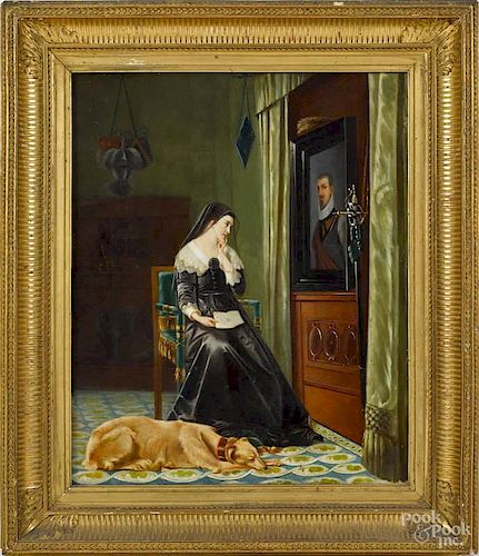 Continental oil on canvas interior scene with a woman mourning, signed lower right Elisa Gabriel