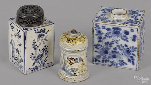 Two Delft blue and white tea caddies, 18th c., 4 1/4'' h. and 3 3/4'' h.