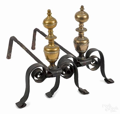 Pair of Continental bell metal and wrought iron andirons, late 17th c., 16 1/4'' h.