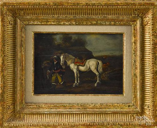 Continental oil on panel of a man and a horse, 18th c., 7 3/4'' x 10 3/4''.
