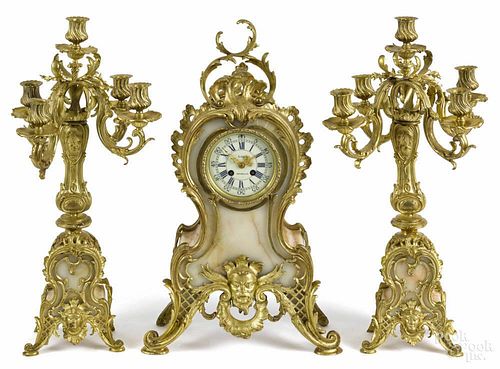 French ormolu and marble three-piece clock garniture, late 19th c., with Vincenti works