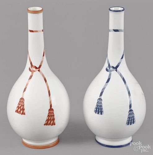 Pair of KPM porcelain bottle vases decorated with a tasseled loop, 11'' h.