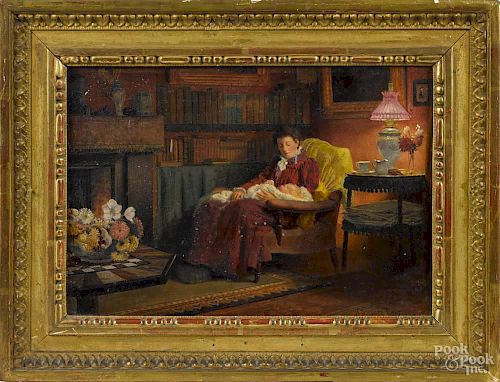 Henry Edward Spernon Tozer (British 1864-1940), oil on slate interior with a mother and child