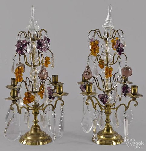 Pair of brass and glass candelabra, ca. 1900, with pear and grape bunch drops, 21'' h.