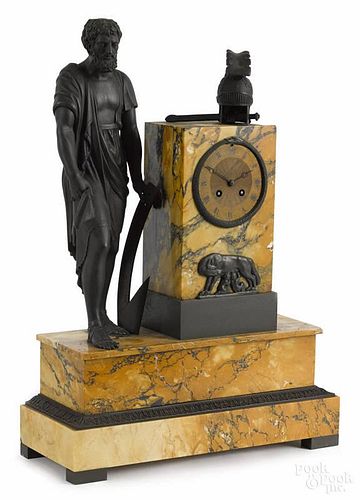 French bronze and marble figural mantel clock, late 19th c., with an applied plaque