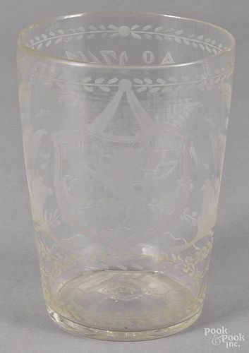Continental engraved flip glass, dated 1741, decorated with a lion passant armorial, 7 1/4'' h.