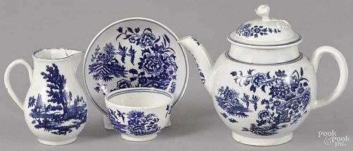 Worcester Dr. Wall teapot, creamer, and cup and saucer, late 18th c., teapot - 5'' h.