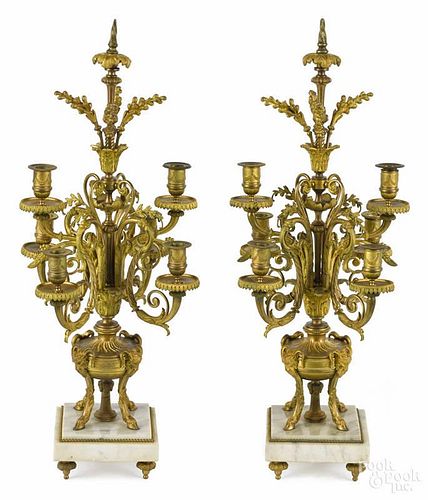 Pair of French ormolu and marble candelabra, ca. 1900, 29'' h.