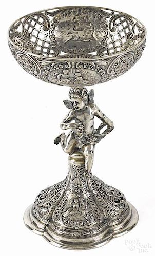 German reticulated silver footed bowl, ca. 1900, with a winged putti stem, 9 1/2'' h., 18.2 ozt.