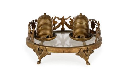 19th/20th C. French Bronze Beehive Double Inkwell