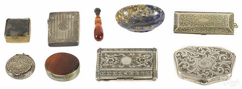 Decorative table accessories, to include five silver boxes, an agate seal, a hardstone bowl