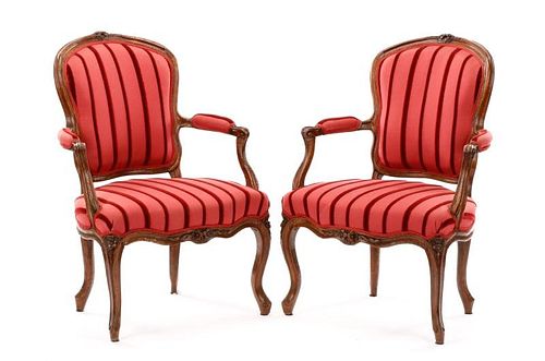 Pair of French Carved Elm Fauteuils, 19th C.