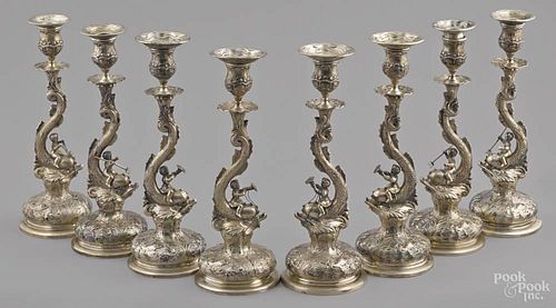 Set of eight German 800 silver candlesticks, late 19th c.