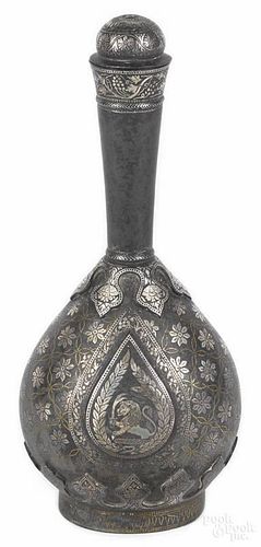 Qajar steel vase, ca. 1900, with silver and gold inlays