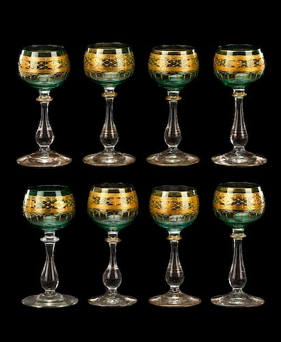 Set of 8 Green & Gilt Enamel Wine Glasses