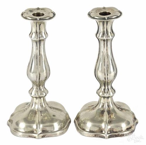 Pair of Continental weighted silver candlesticks, late 19th c., initialed BMF, 9 1/2'' h.