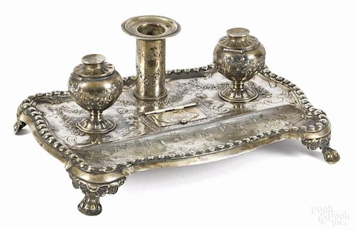 Continental silver standish, mid 19th c., with repoussé floral decoration, 9 3/4'' w., 16.7 ozt.