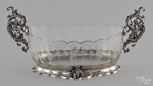 German silver and etched glass centerpiece bowl, late 19th c.