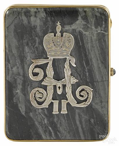 Russian silver gilt and hardstone cigarette case with monogram of Czar Nicholas II, 3 1/2'' h.