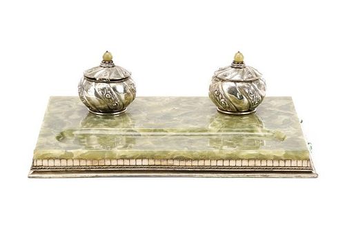 Green Marble & Silverplated Desk Set