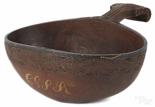 Massive Scandinavian carved and painted bowl, dated 1775, 7'' h., 15 1/2'' w., 18'' dia.
