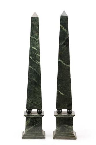 Pair of Faux Green Marble Obelisks, 20th C.