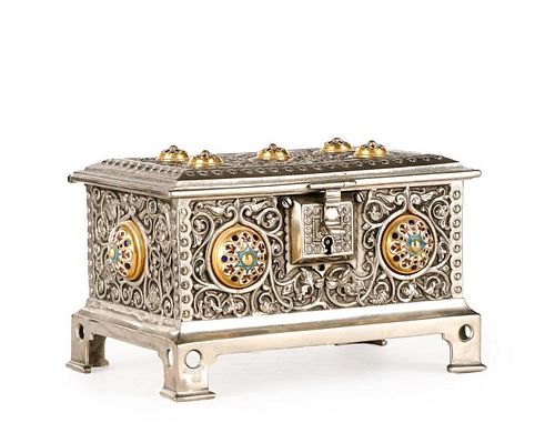 Silvered Metal Jewelry Box with Enameled Cabochons