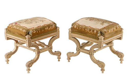 Pair of Louis XVI Style Tapestry Covered Tabourets