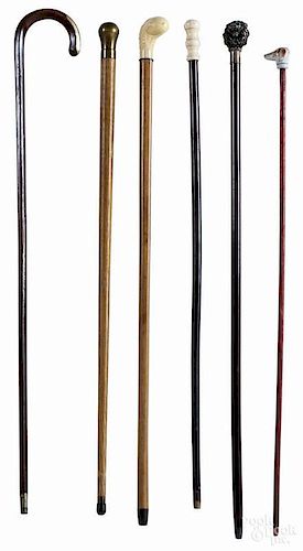 Six assorted canes, to include one with a lion head grip, one with a porcelain hound head grip